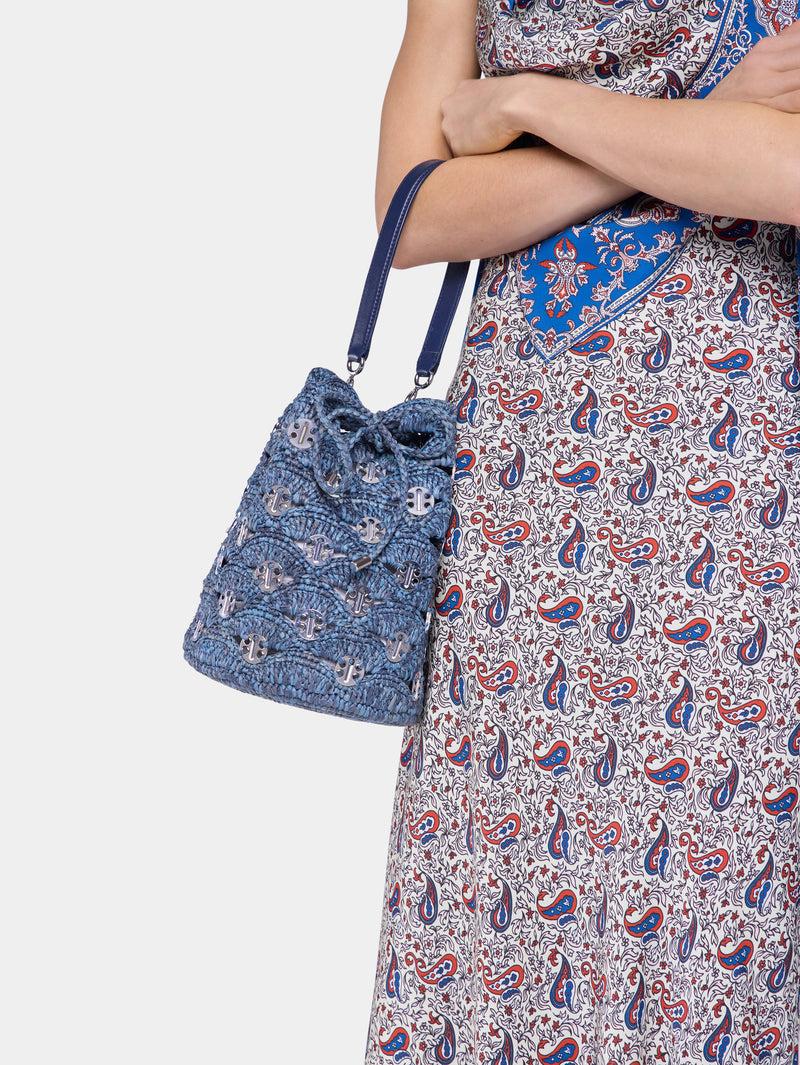 DENIM BLUE RAFFIA BUCKET BAG Product Image