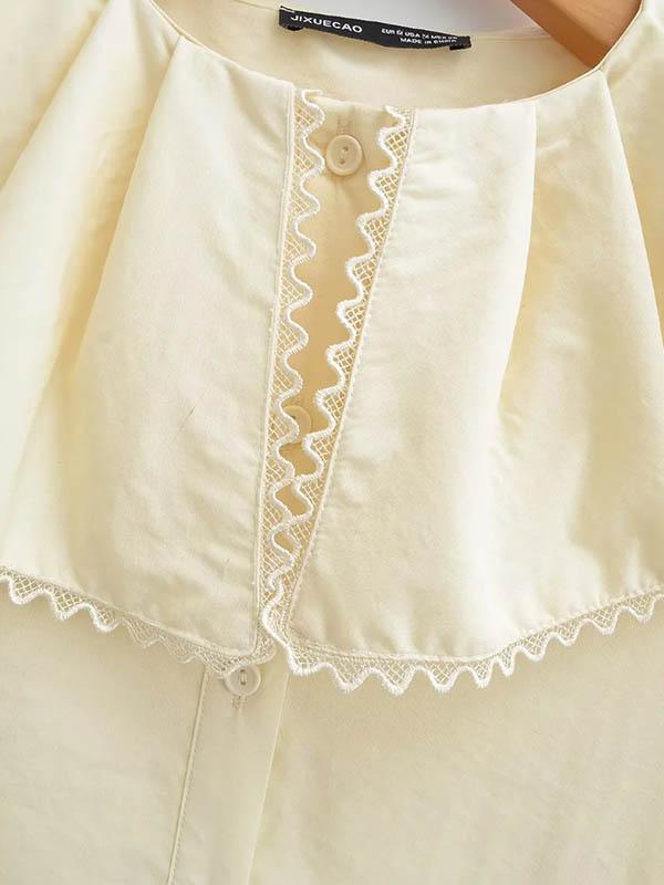 Loose Puff Sleeves Pleated See-Through Solid Color Split-Joint Peter Pan Collar Blouses&Shirts Tops Product Image