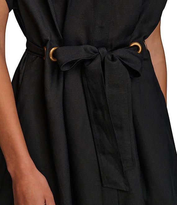 Donna Karan Short Sleeve Point Collar Tie Waist Linen Blend Midi A-Line Dress Product Image