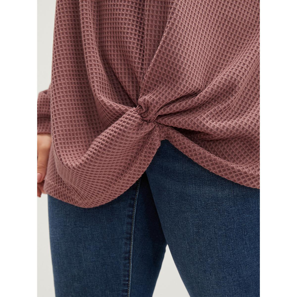 Plus Size Solid V Neck Twist Front Waffle Knit Sweatshirt Women DustyPink Elegant Asymmetrical V-neck Dailywear Sweatshirts BloomChic 14-16/1X Product Image