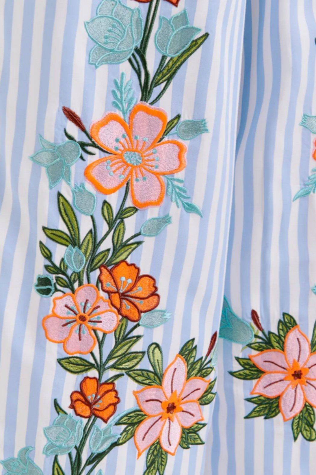 Blue, white and multicolored wide-leg pants with contrast border and embroideries Product Image