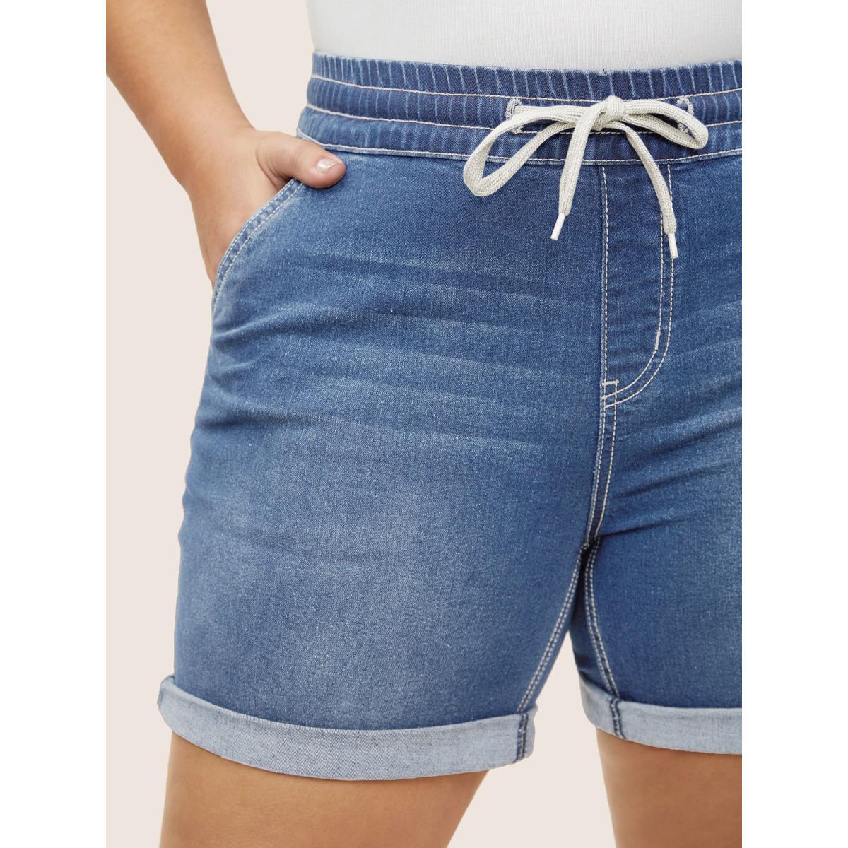 Plus Size Roll Hem Elastic Waist Drawstring Denim Shorts Women Denimlightblue Drawstring High stretch Everyday Slanted pocket Casual Denim Shorts BloomChic 20/2X Product Image