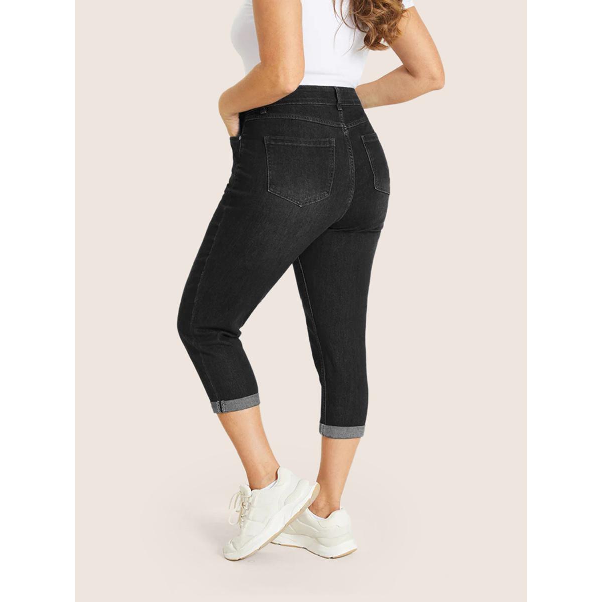 Plus Size Very Stretchy High Rise Dark Wash Cropped Jeans Women Black Casual Plain High stretch Slanted pocket Jeans BloomChic 12/L Product Image