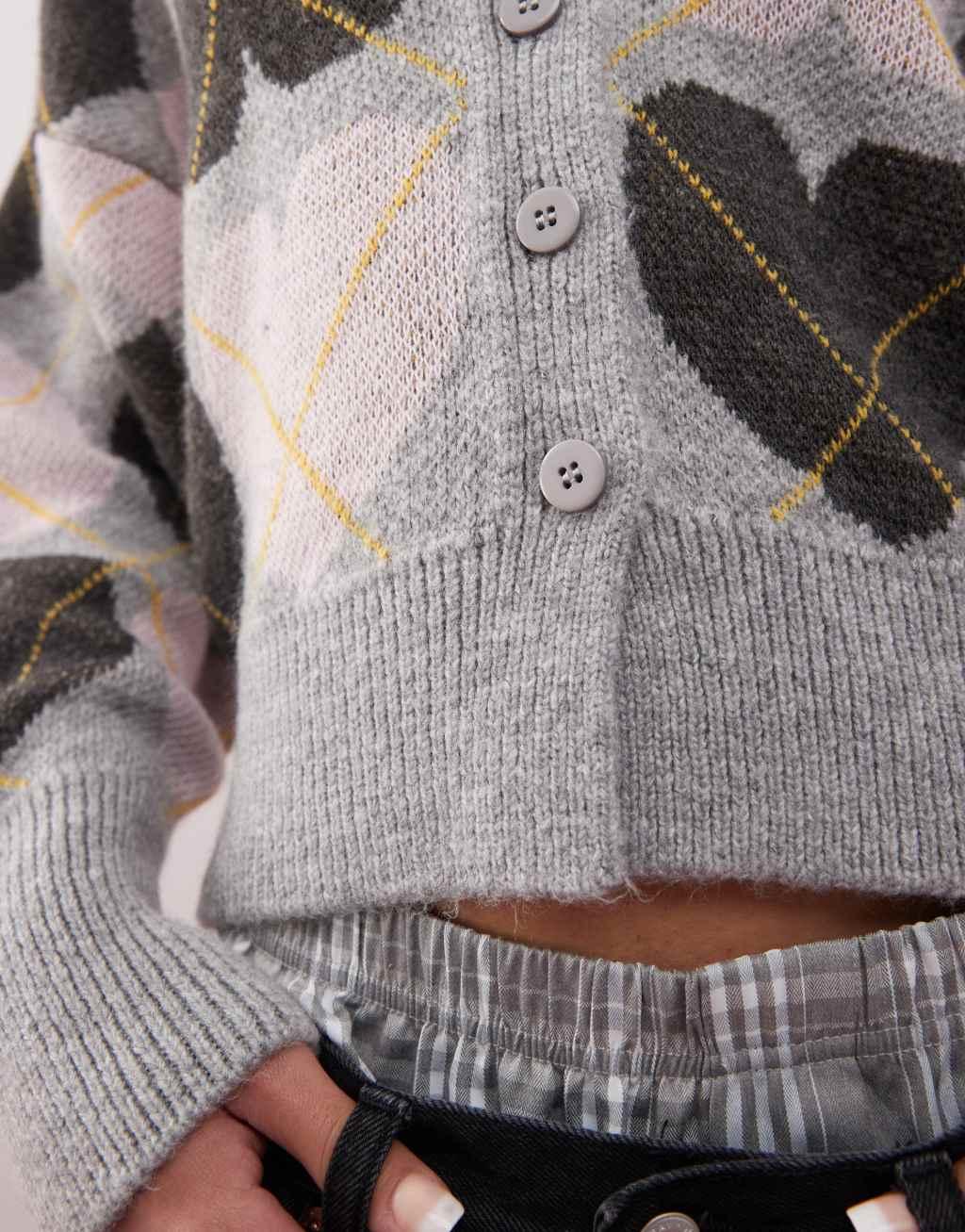 COLLUSION knit argyle heart cardigan in gray Product Image