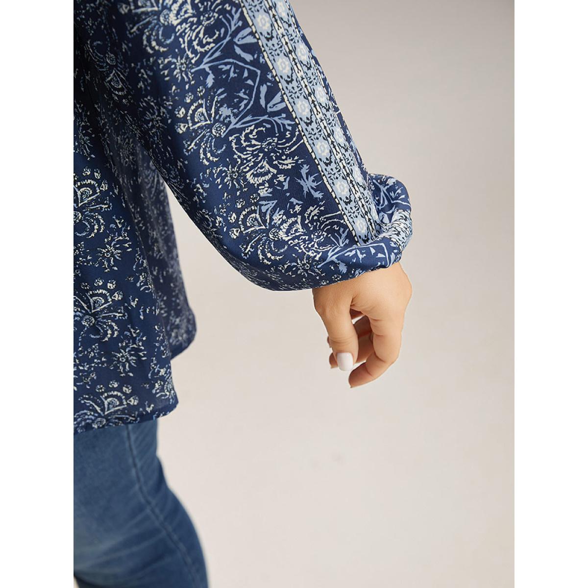 Plus Size Indigo Bandana Print Tassels Ties Blouse Women Vacation Long Sleeve Tie Neck Dailywear Blouses BloomChic 30/6X Product Image