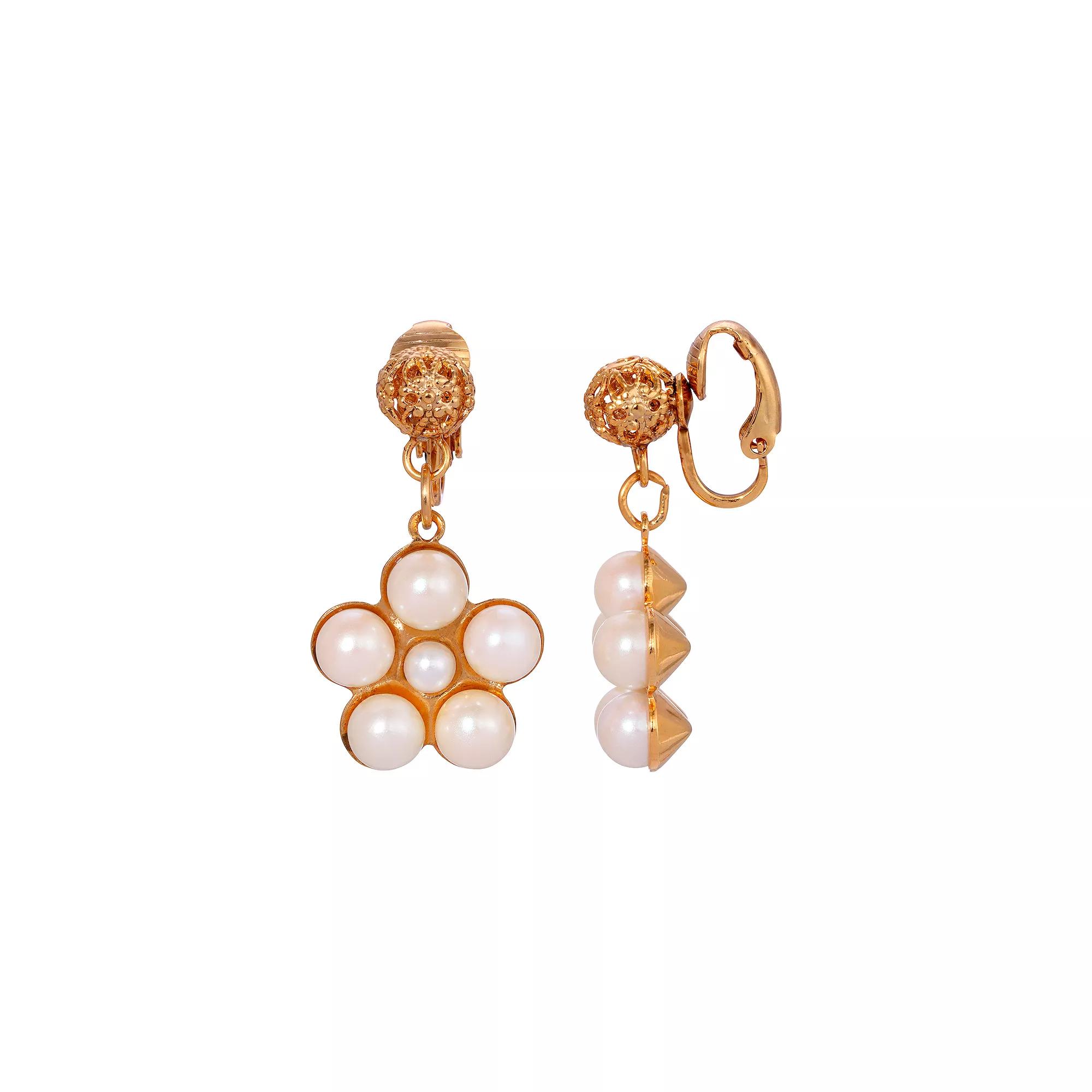 1928 Gold Tone Filigree Faux Pearl Flower Clip-On Earrings, Womens, White Product Image