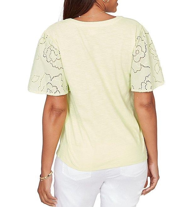 Ruby Rd. Cotton Jersey Knit Split V-Neck Short Eyelet Sleeve Top Product Image