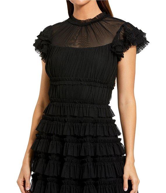 Mac Duggal Illusion Mock Neck Cap Sleeve Mesh Micro Ruffle A-Line Midi Dress Product Image