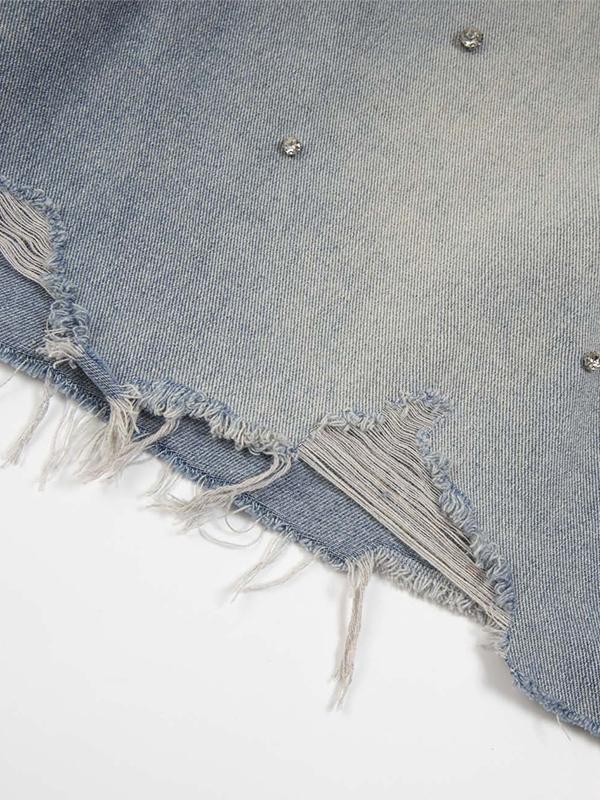 Men'S Washed Distressed Rhinestones Ripped Denim Shorts Product Image