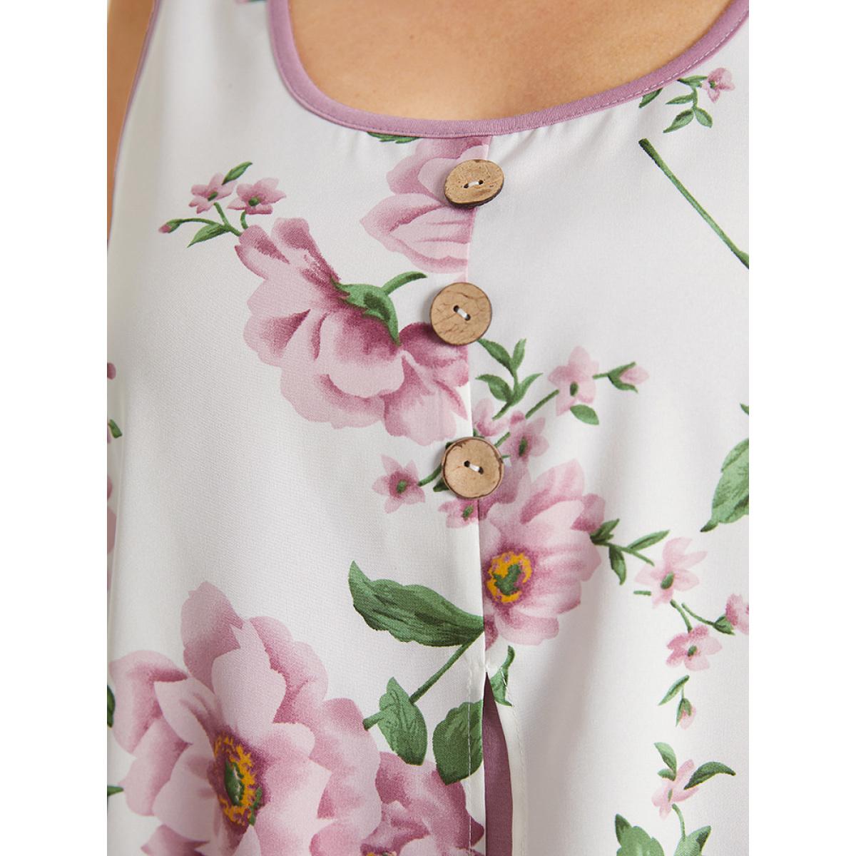 Plus Size Floral Split Front Button Detail 2-In-1 Tank Top Women Rouge Elegant Button Round Neck Dailywear Tank Tops Camis BloomChic 10/M Product Image
