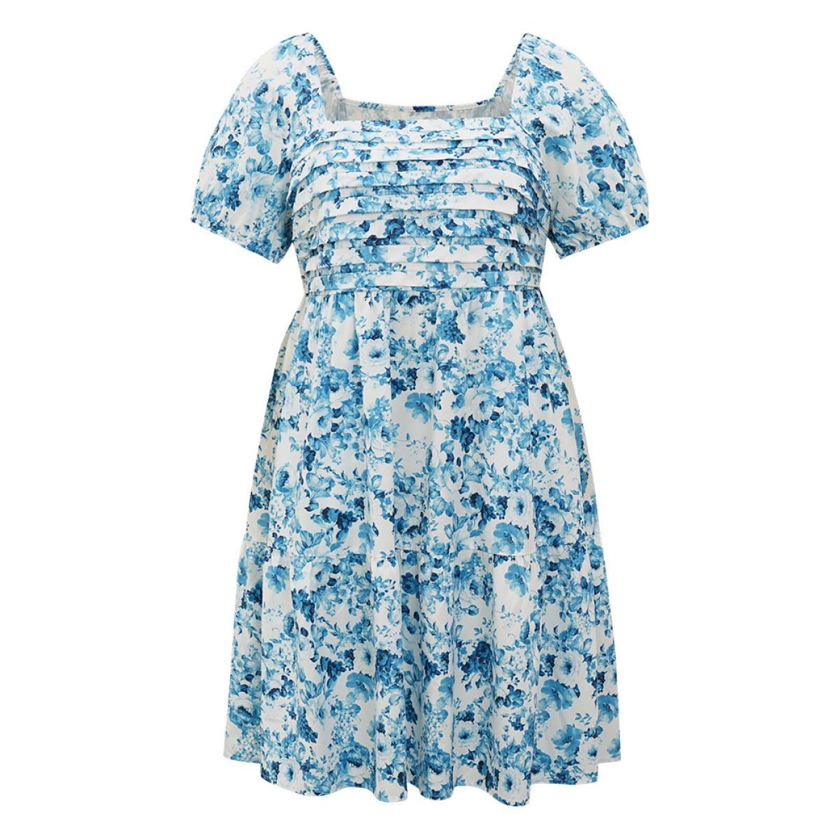 Plus Size Batik Plicated Detail Square Neck Puff Sleeve Dress Blue Women Elegant Elastic cuffs Square Neck Short sleeve Curvy Midi Dress BloomChic 28/5X Product Image