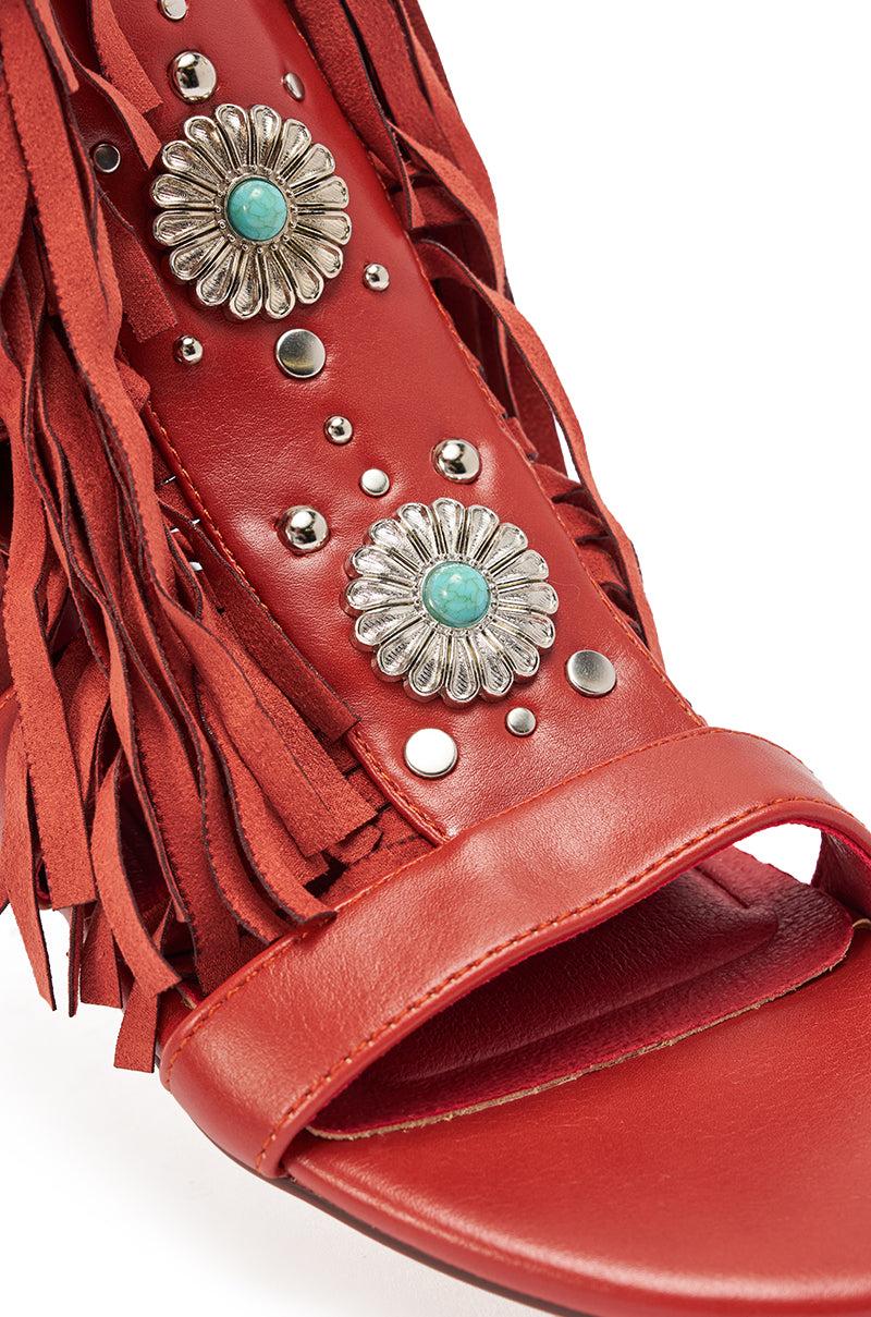AZALEA WANG DUSTINE RED MULTI GLADIATOR EMBELLISHED SANDAL Product Image