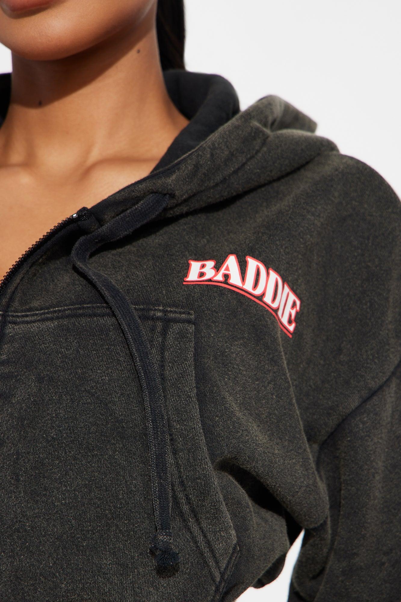 Baddie Washed Front Zip Hoodie - Black Wash Product Image