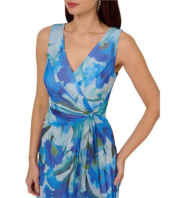 Adrianna Papell Chiffon Floral Print V-Neck Sleeveless Front Twist Sheath Gown Product Image