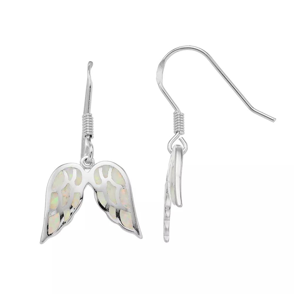 Sterling Silver Lab-Created White Opal Angel Wing Earrings, Women's Product Image