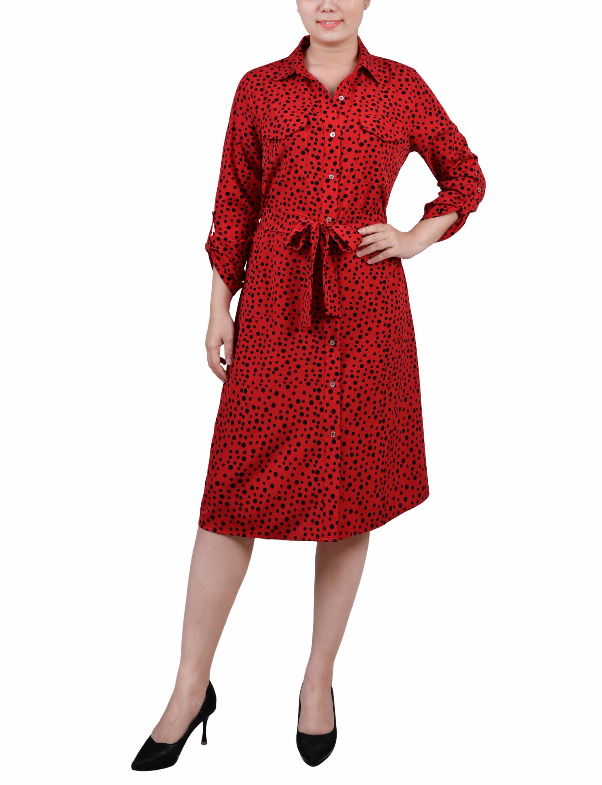 Cypress Inca Gold Navy Zigzag 3/4 Roll Tab Sleeve Belted Shirtdress - Petite Product Image