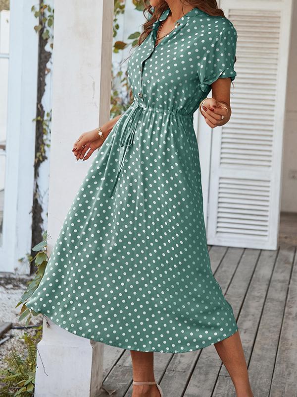 A-Line High Waisted Buttoned Drawstring Polka-Dot V-Neck Midi Dresses Product Image