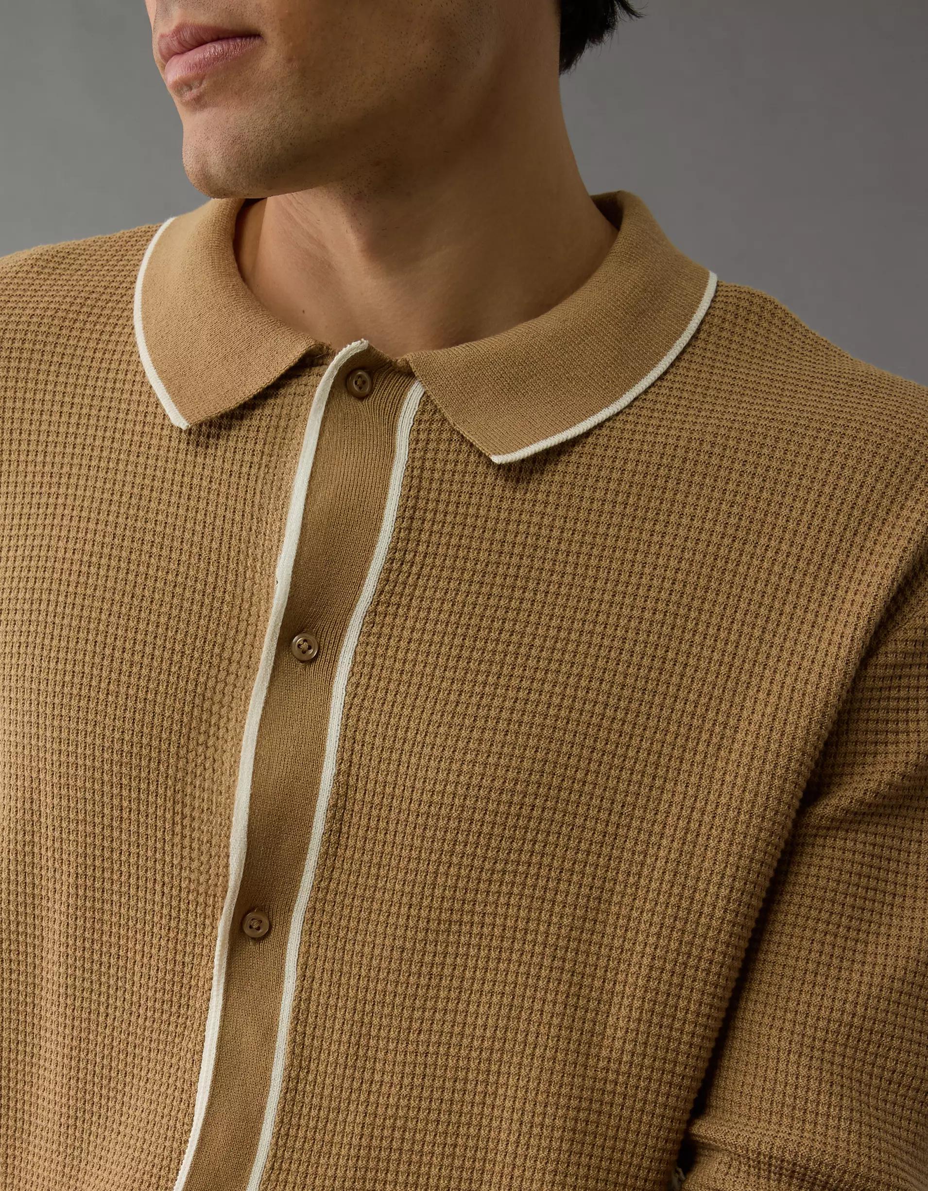AE Long-Sleeve Tipped Waffle Sweater Polo Shirt Product Image