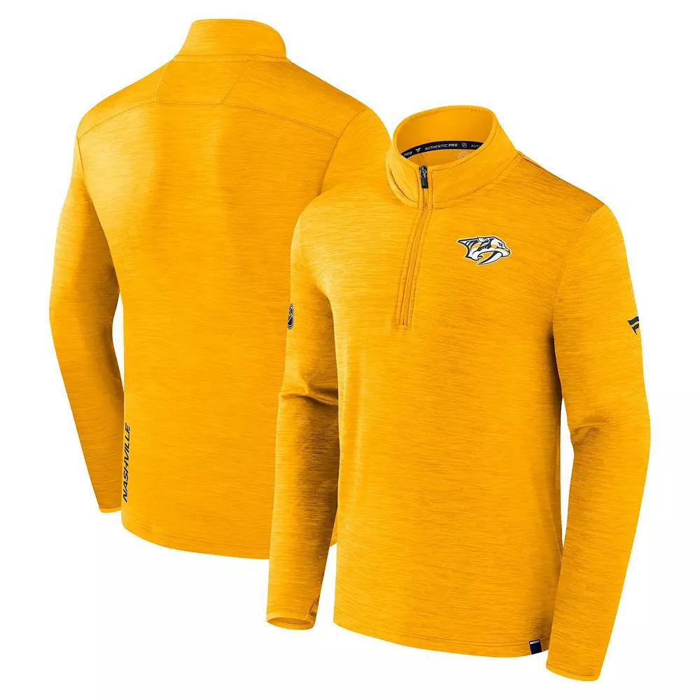 Men's Fanatics Heather Gold Nashville Predators Authentic Pro Quarter-Zip Top, Size: Small, Pdt Gold Product Image