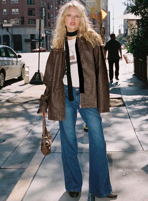 Faux Leather Collared Dad Jacket Washed Brown Product Image