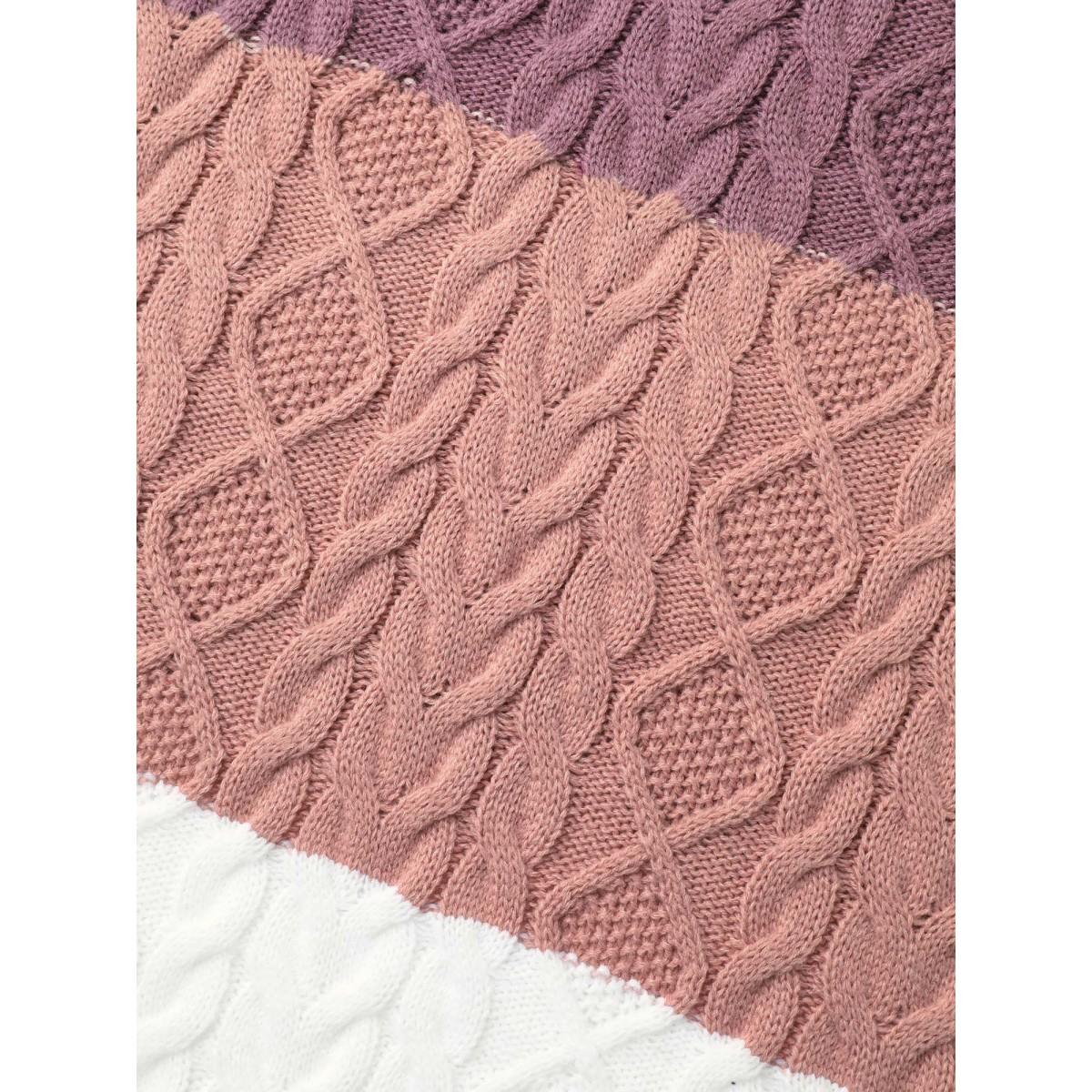 Plus Size Contrast Cable Knit Arc Hem Pullover Lilac Women Casual Loose Long Sleeve Round Neck Everyday Pullovers BloomChic 28/5X Product Image