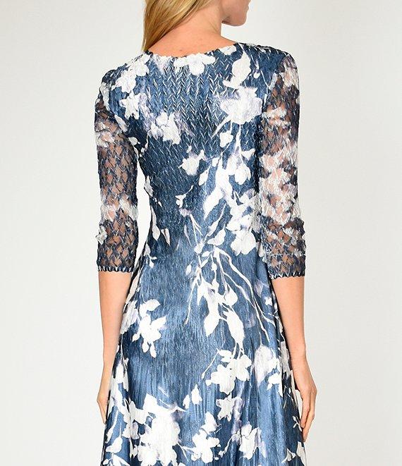 Komarov V-Neck Sheer Hem 3/4 Sleeve Midnight Vine Floral Print Charmeuse Midi Dress Product Image