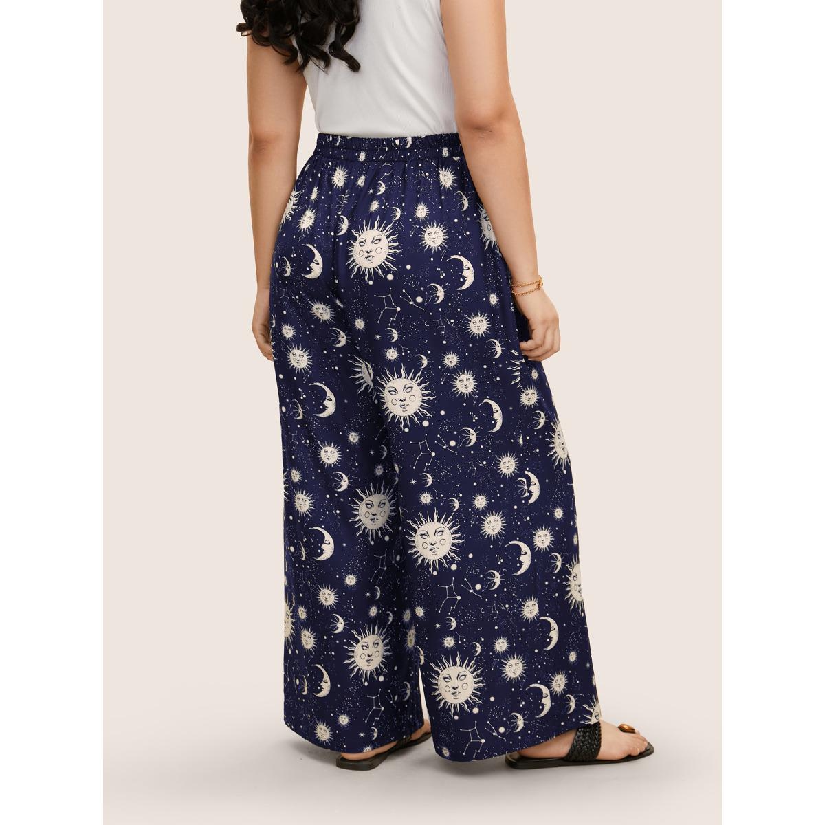 Plus Size Silhouette Floral Print Ties Side Seam Pocket Pants Women DarkBlue Elegant Wide Leg High Rise Everyday Pants BloomChic 18-20/2X Product Image