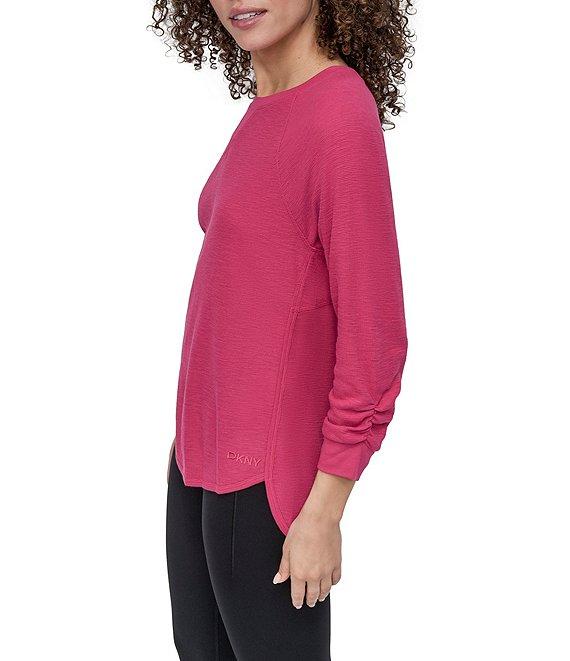 DKNY Sport by Donna Karan Mini Slub Waffle Knit Crew Neck 3/4 Ruched Sleeve Tee Product Image