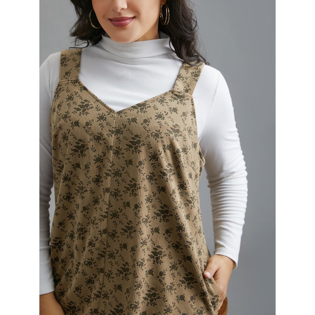 Plus Size Suspender Skirt Style Floral Dress Browncoffeecolor Women Casual Texture Non Sleeveless Curvy BloomChic 14-16/1X Product Image