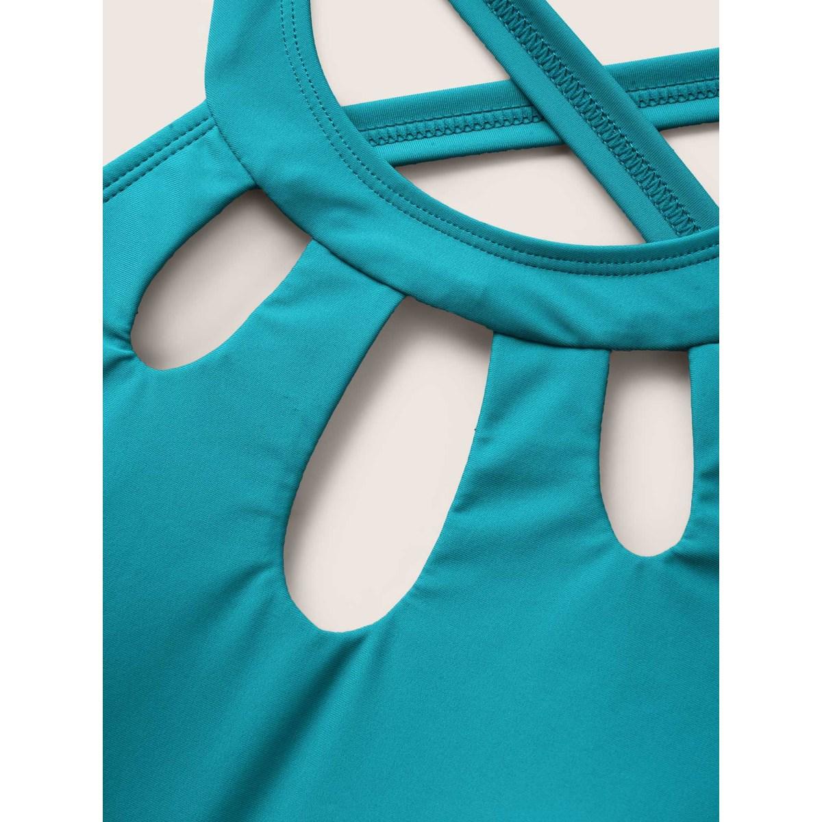 Plus Size Solid Cut Out Gathered Adjustable Straps Swim Top Women's Swimwear Mediumblue Beach Gathered High stretch Bodycon Halter neck Curve Swim Tops BloomChic 12/L Product Image