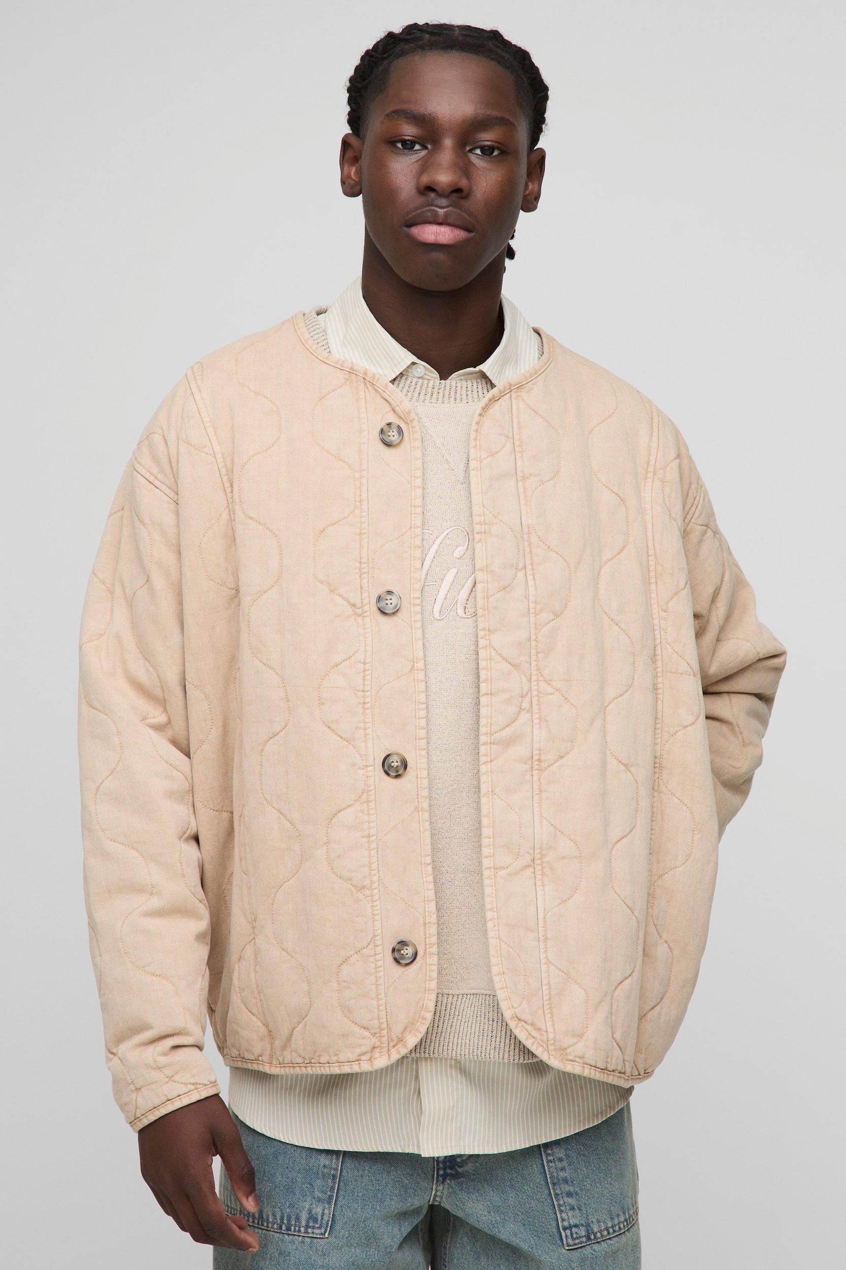 Oversized Washed Twill Quilted Collarless Bomber Jacket | boohooMAN USA Product Image