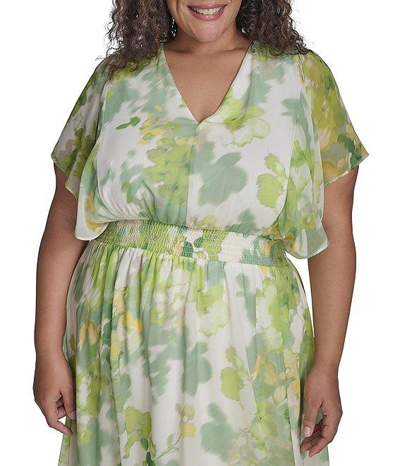 DKNY by Donna Karan Plus Size V-Neck Short Flutter Sleeve Smocked A-Line Midi Dress Product Image