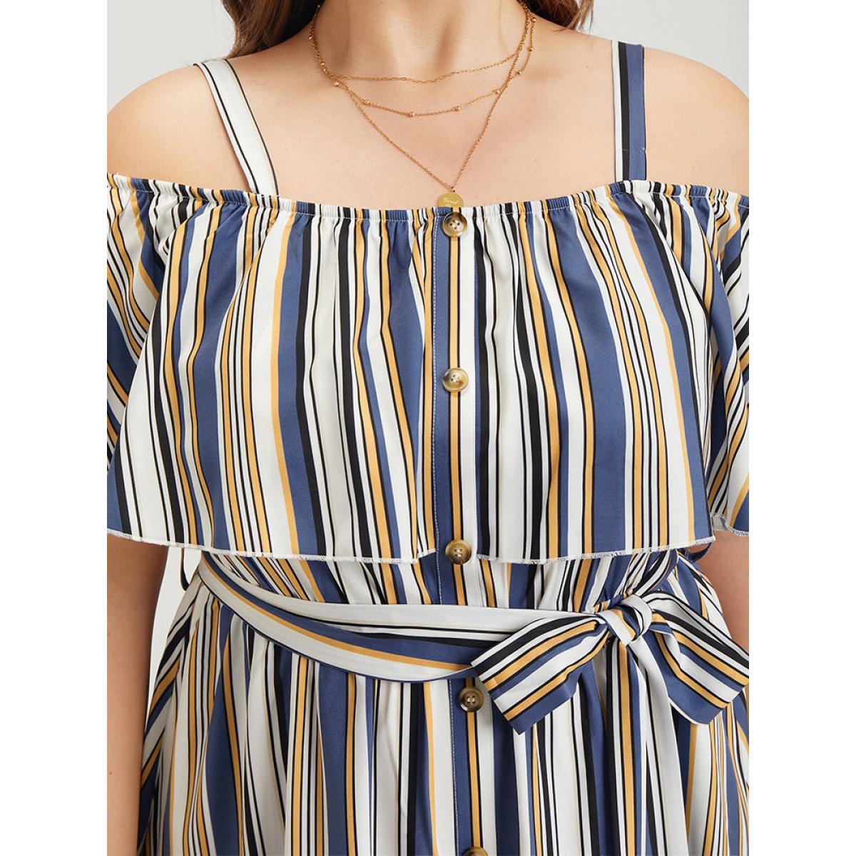Plus Size Striped Cold Shoulder Belt Pocket Button Detail Dress Blue Women Vacation Adjustable Straps Spaghetti Strap Short sleeve Curvy Knee Dress BloomChic 18-20/2X Product Image