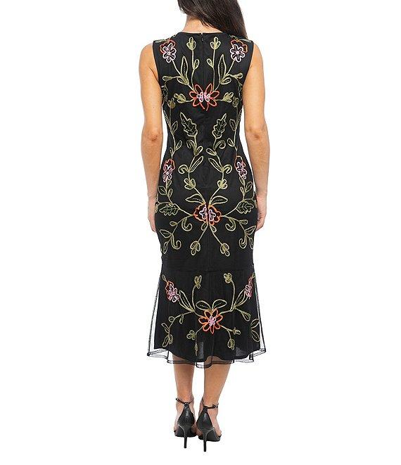 Marina Floral Embroidered Soutache V-Neck Sleeveless Midi Sheath Dress Product Image