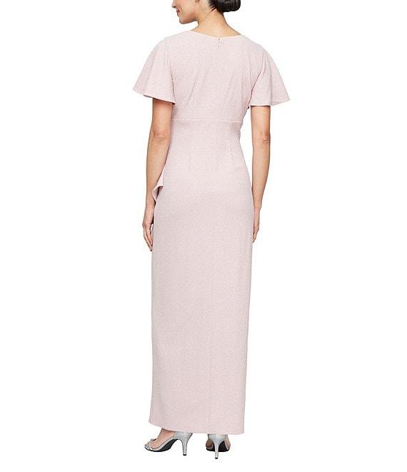 Ignite Evenings Petite Size Short Flutter Sleeve V-Neck Glitter Knit Gown Product Image