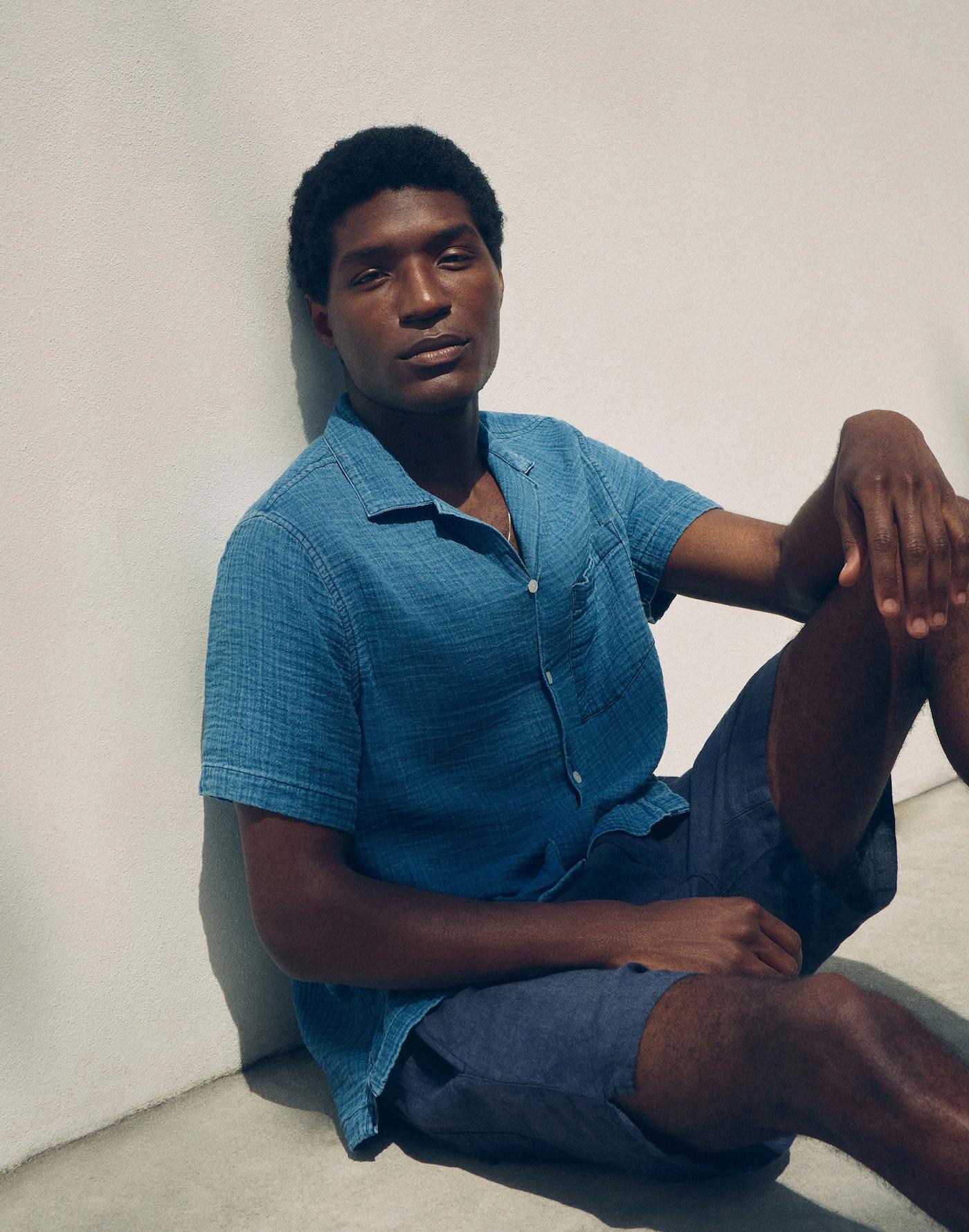 Indigo-Dyed Short-Sleeve Button-Up Shirt Product Image