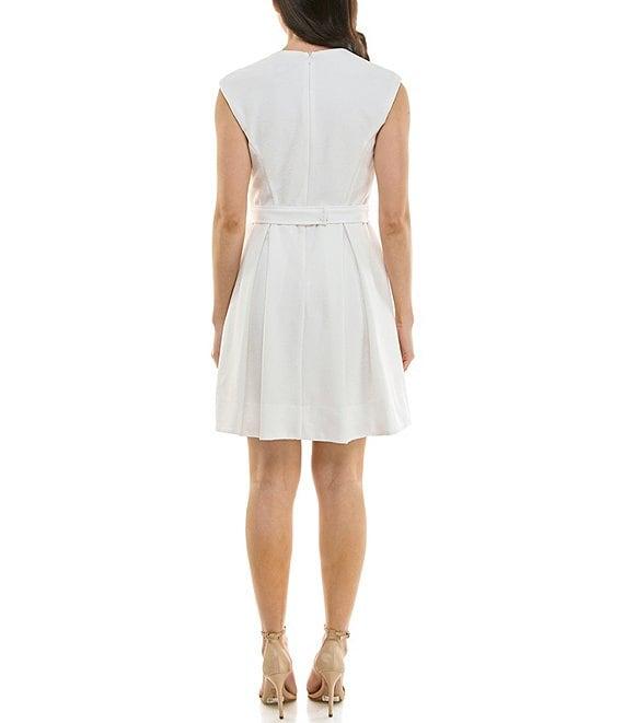Moda Tara Cap Sleeve V-Neck Pearl Trim Belted Fit and Flare Mini Dress Product Image