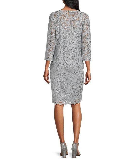 Marina Scalloped Glitter Lace Scoop Neck 3/4 Sleeve 2-Piece Jacket Dress Product Image