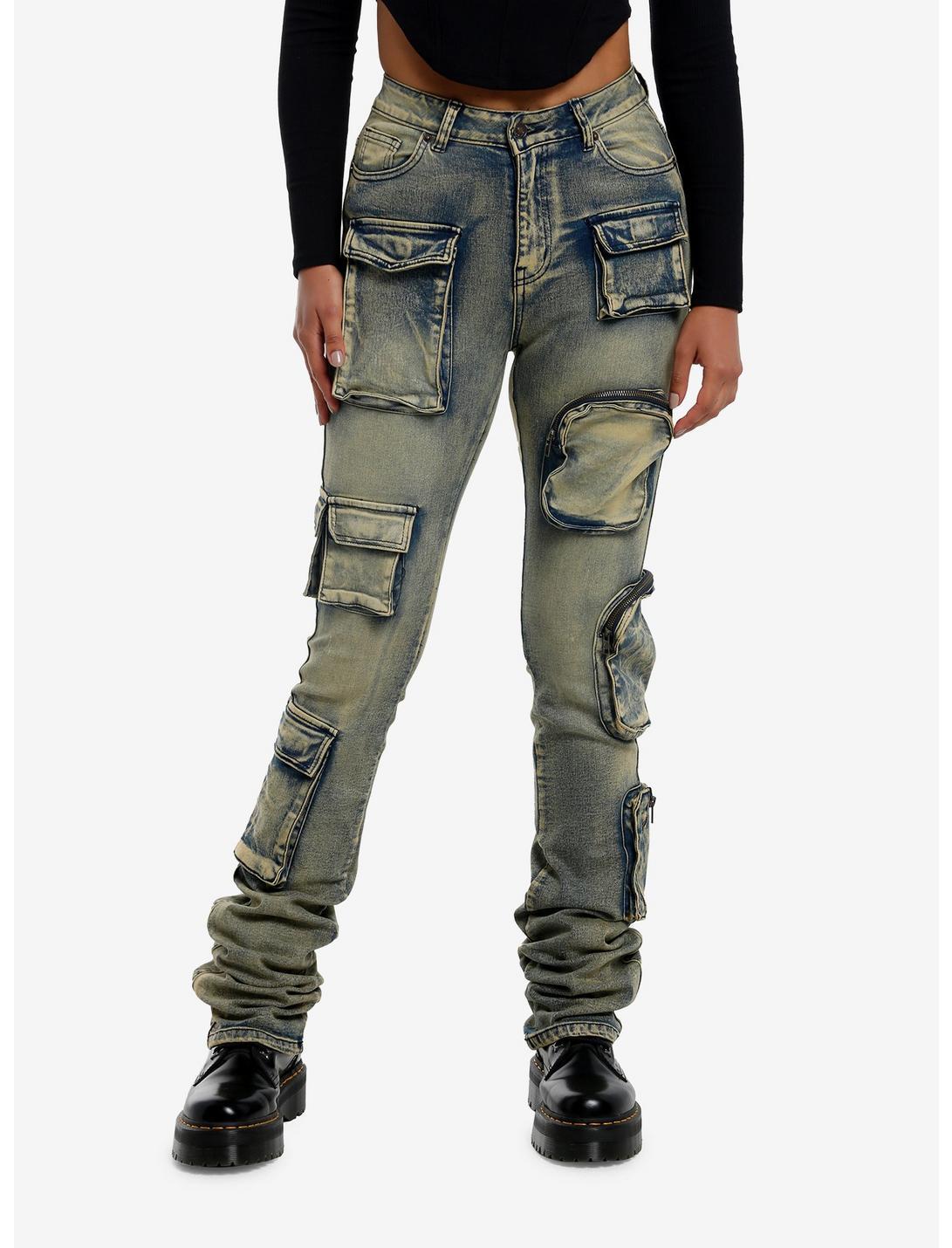 Vintage Wash Cargo Stacked Denim Pants Product Image