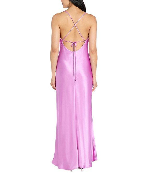 Morgan & Co. Sleeveless Long Spaghetti Strap Charmeuse Draped Front And X Back Long Dress Product Image