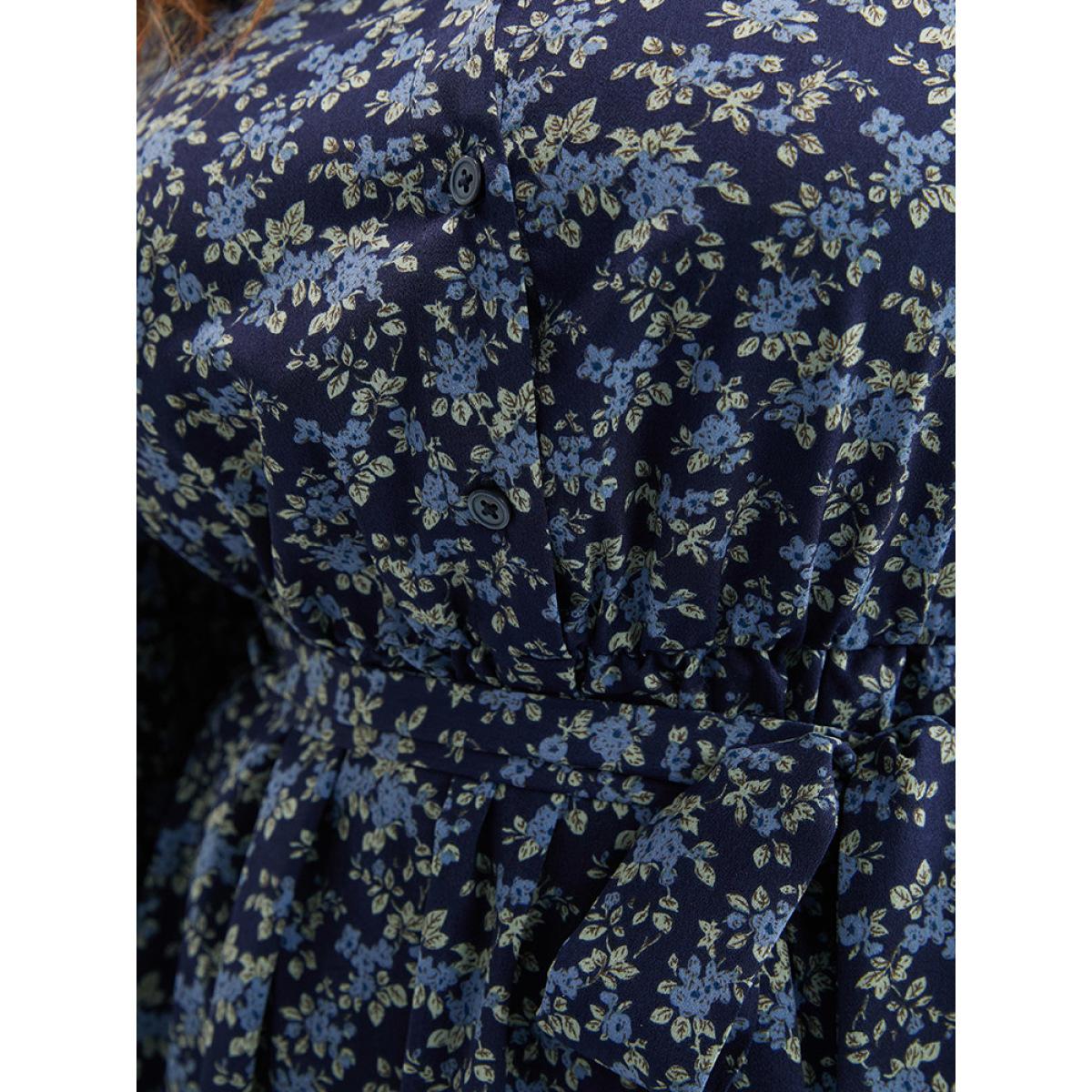 Plus Size Ditsy Floral Pocket Belted Shirt Collar Dress Indigo Women Elegant Elastic Waist Shirt collar Long Sleeve Curvy Midi Dress BloomChic 30/6X Product Image