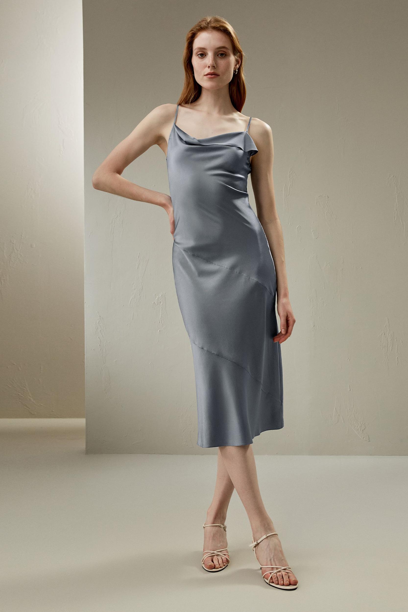 Cowl Neck Oblique-layered Silk Dress Product Image