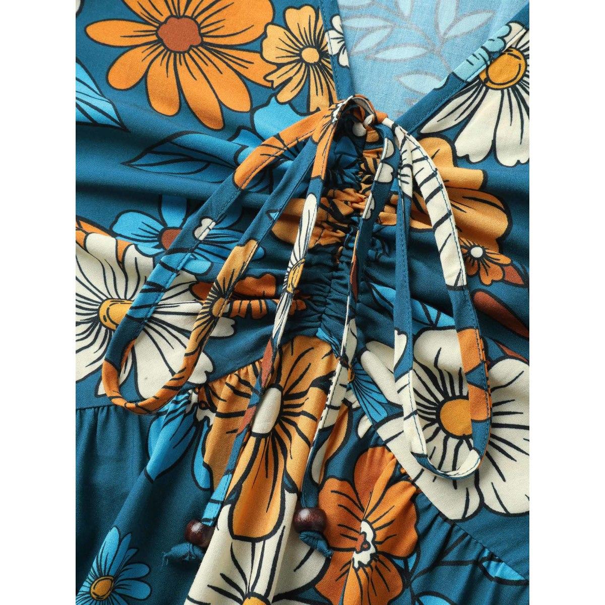 Plus Size Floral Drawstring Bodice Side Slit Midi Dress Navy Women Timeless V-neck Short sleeve Curvy BloomChic 12/L Product Image