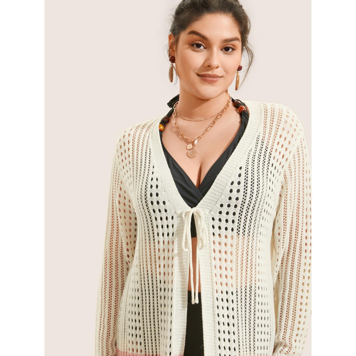 Plus Size Colorblock Contrast Tie Knot Cut Out Swim Cover Up Women's Swimwear Ivory Beach Tie knot Curve Swim Cover Ups BloomChic 12/L Product Image