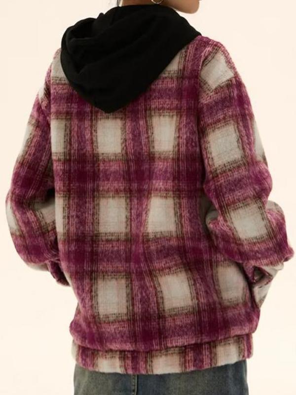 Vintage Plaid Splice Hooded Jacket Product Image