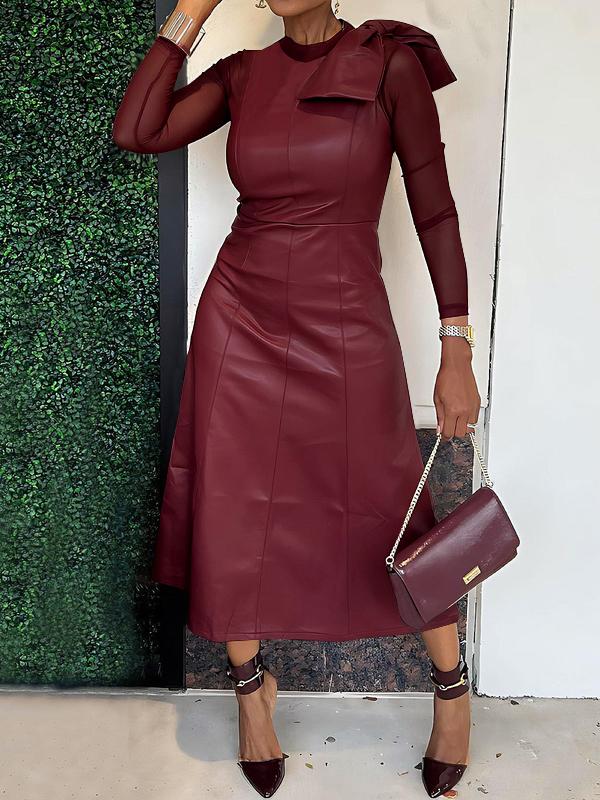 Long Sleeves Solid Color Split-Joint Round-Neck Inner Shirts + A-Line Bowknot Midi Dresses Two Pieces Set Product Image