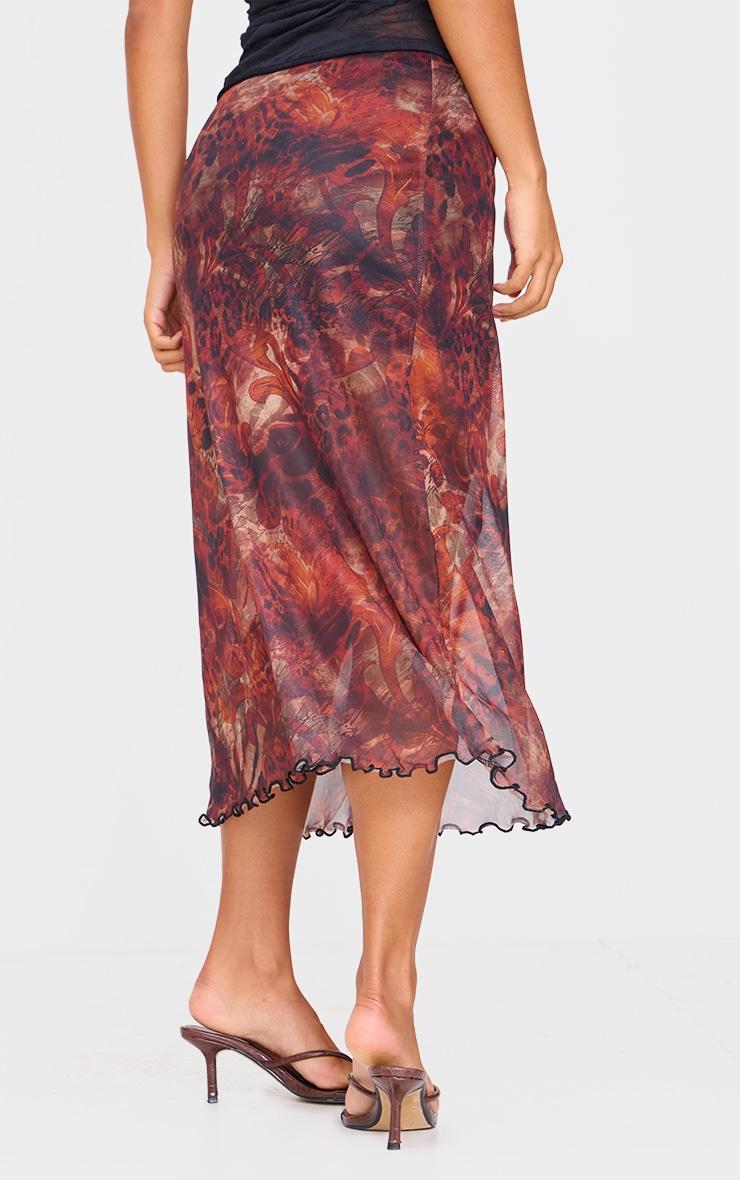 Burgundy Multi Abstract Print Mesh Maxi Skirt Product Image