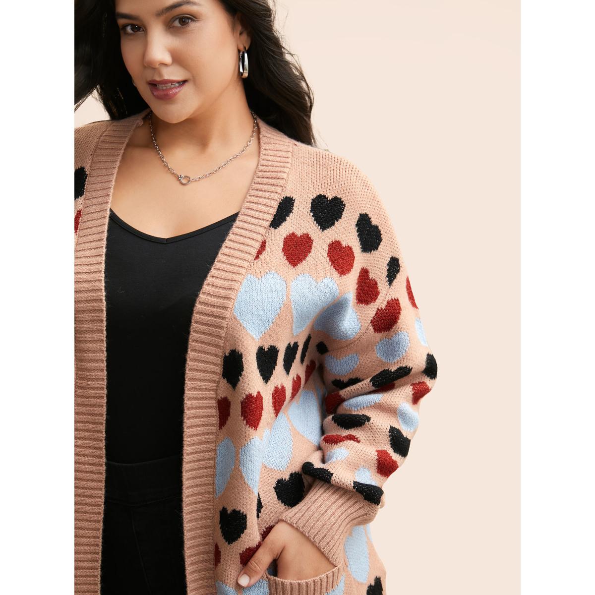 Plus Size Contrast Heart Patch Pocket Cardigan Nudepink Women Casual Loose Long Sleeve Everyday Cardigans BloomChic 14-16/1X Product Image