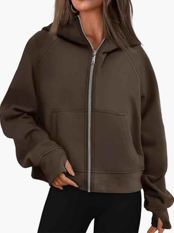 Hooded Long Sleeves Pockets Solid Color Zipper Jackets Outerwear Product Image