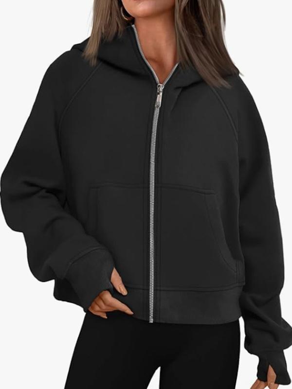 Hooded Long Sleeves Pockets Solid Color Zipper Jackets Outerwear Product Image